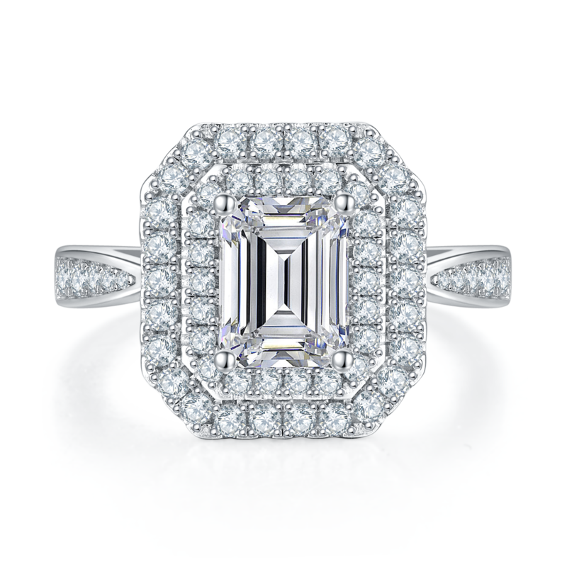 豪镶长方形S925银镀白金MoissaniteWomen's Ring2.0ctD级